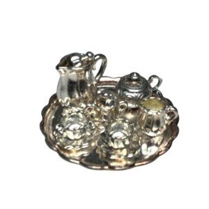 Dollhouse Miniature Silver Tea Service Tray Coffee Pot cup saucer cream sugar
